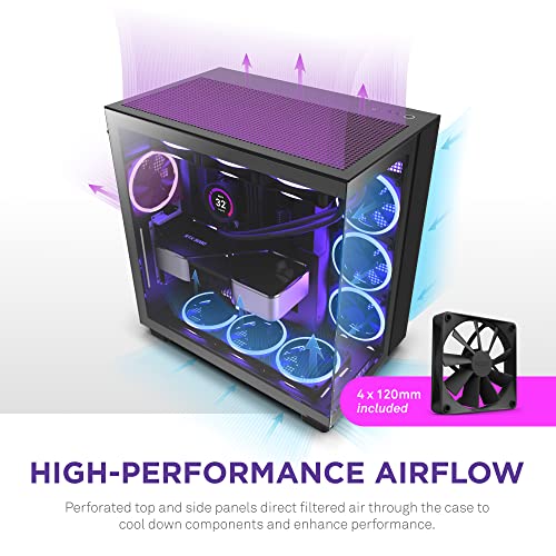 NZXT H9 Flow - Carcasa para juegos de PC de media torre ATX de doble cámara, panel superior perforado de alto flujo de aire, paneles frontales y laterales de vidrio templado, soporte de radiador de
