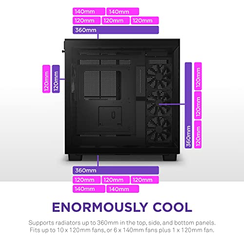 NZXT H9 Flow - Carcasa para juegos de PC de media torre ATX de doble cámara, panel superior perforado de alto flujo de aire, paneles frontales y laterales de vidrio templado, soporte de radiador de