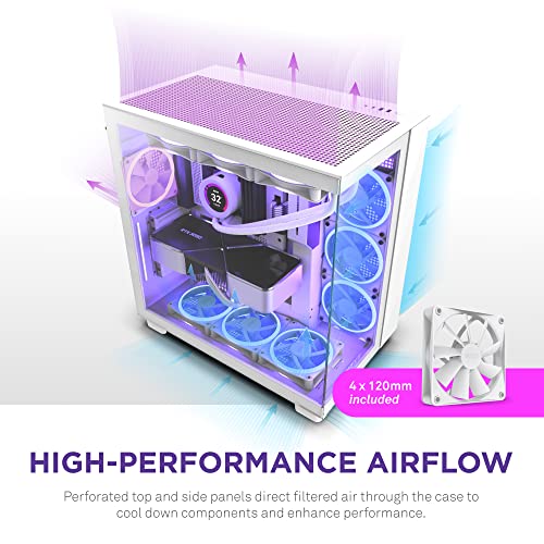 NZXT H9 Flow Dual Chamber ATX Mid Tower PC Gaming Case   High Airflow Perforated Top Panel   Tempered Glass Front & Side Panels   360mm Radiator Support   Cable Management   White