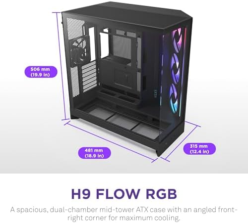 NZXT H9 Flow RGB  2025    Large Dual Chamber ATX Mid Tower Airflow PC Case   Includes 1 x 420mm RGB Fan Unit & 1 x 120mm Fan   420mm Radiator Support   Tempered Glass   Back Connect Ready   Black
