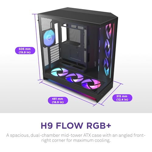NZXT H9 Flow RGB   2025    Large Dual Chamber ATX Mid Tower Airflow PC Case   Includes 7 RGB Fans  6 x 140mm  1 x 120mm  & Control Hub   420mm Radiator Support   Back Connect Ready   Black