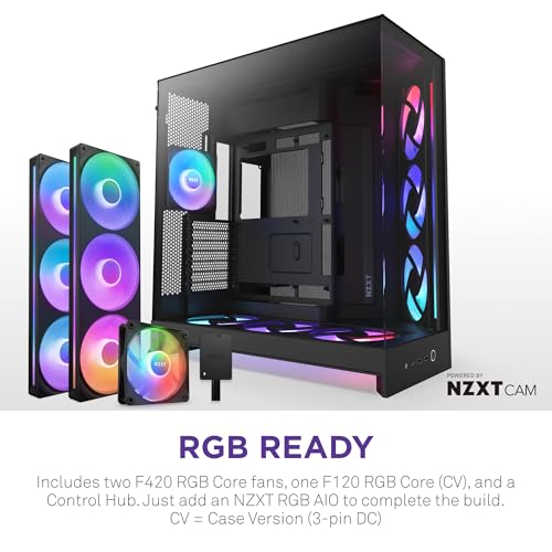 NZXT H9 Flow RGB   2025    Large Dual Chamber ATX Mid Tower Airflow PC Case   Includes 7 RGB Fans  6 x 140mm  1 x 120mm  & Control Hub   420mm Radiator Support   Back Connect Ready   Black