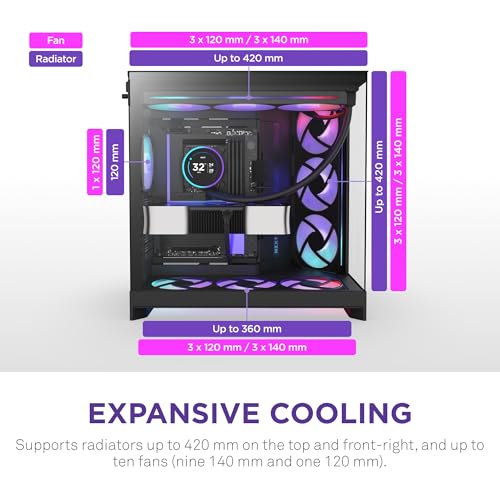 NZXT H9 Flow RGB   2025    Large Dual Chamber ATX Mid Tower Airflow PC Case   Includes 7 RGB Fans  6 x 140mm  1 x 120mm  & Control Hub   420mm Radiator Support   Back Connect Ready   Black