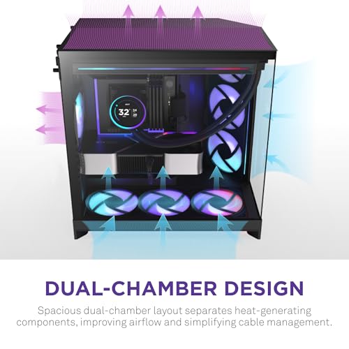 NZXT H9 Flow RGB   2025    Large Dual Chamber ATX Mid Tower Airflow PC Case   Includes 7 RGB Fans  6 x 140mm  1 x 120mm  & Control Hub   420mm Radiator Support   Back Connect Ready   Black