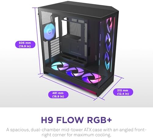 NZXT H9 Flow RGB   2025    Large Dual Chamber ATX Mid Tower Airflow PC Case   Includes 7 RGB Fans  6 x 140mm  1 x 120mm  & Control Hub   420mm Radiator Support   Back Connect Ready   Black