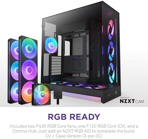 NZXT H9 Flow RGB   2025    Large Dual Chamber ATX Mid Tower Airflow PC Case   Includes 7 RGB Fans  6 x 140mm  1 x 120mm  & Control Hub   420mm Radiator Support   Back Connect Ready   Black