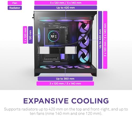 NZXT H9 Flow RGB   2025    Large Dual Chamber ATX Mid Tower Airflow PC Case   Includes 7 RGB Fans  6 x 140mm  1 x 120mm  & Control Hub   420mm Radiator Support   Back Connect Ready   Black