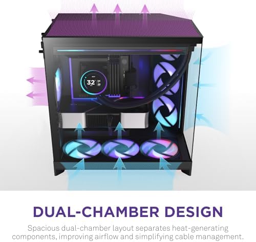 NZXT H9 Flow RGB   2025    Large Dual Chamber ATX Mid Tower Airflow PC Case   Includes 7 RGB Fans  6 x 140mm  1 x 120mm  & Control Hub   420mm Radiator Support   Back Connect Ready   Black