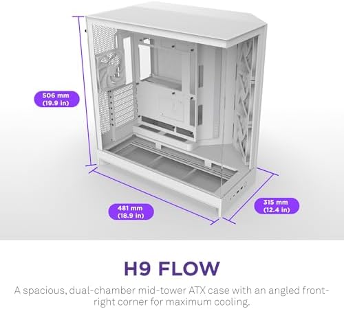 NZXT H9 Flow  2025    Large Dual Chamber ATX Mid Tower Airflow PC Case   Includes 3 x 140mm & 1 x 120mm Fans   420mm Radiator Support   Tempered Glass   Back Connect Ready   White