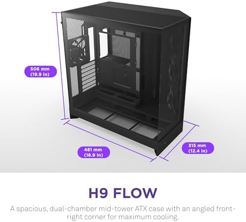 NZXT H9 Flow  2025    Large Dual Chamber ATX Mid Tower Airflow PC Case   Includes 3 x 140mm & 1 x 120mm Fans   420mm Radiator Support   Tempered Glass   Back Connect Ready   Black