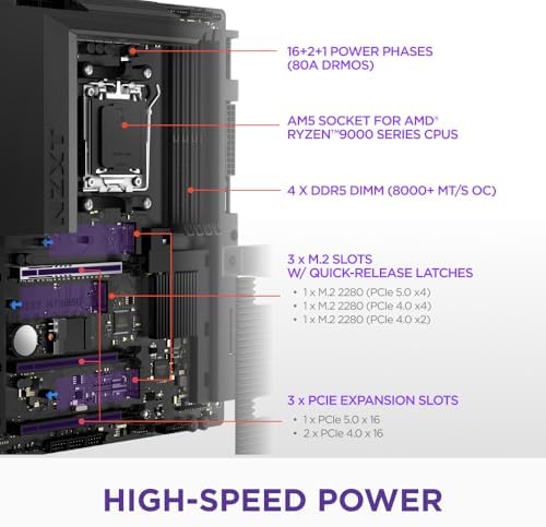 NZXT N7 B850   AMD B850 AM5 ATX Gaming Motherboard for Ryzen 9000/8000/7000 16 2 1  DDR5  3X M 2  PCIe 5 0  Wi Fi 6E  2 5GbE LAN   M 2 NVME with Quick Release Latch   Full Cover   Black