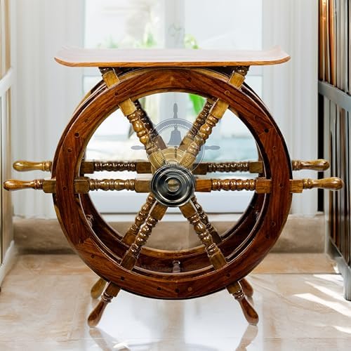 Nagina International Wooden Hand Crafted Ship Wheel Table Home Decor  24 Inches 