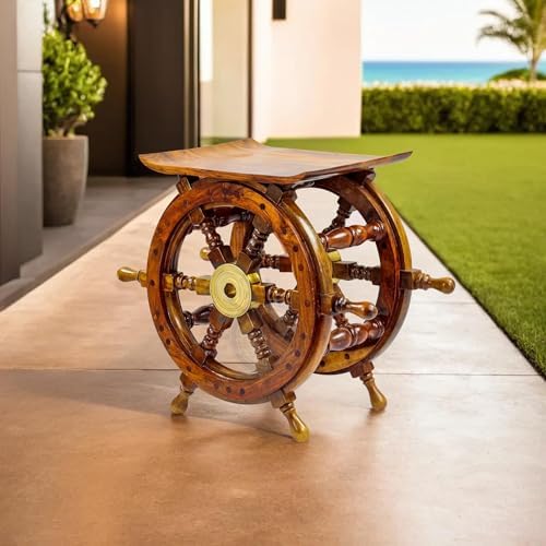 Nagina International Wooden Hand Crafted Ship Wheel Table Home Decor  24 Inches 