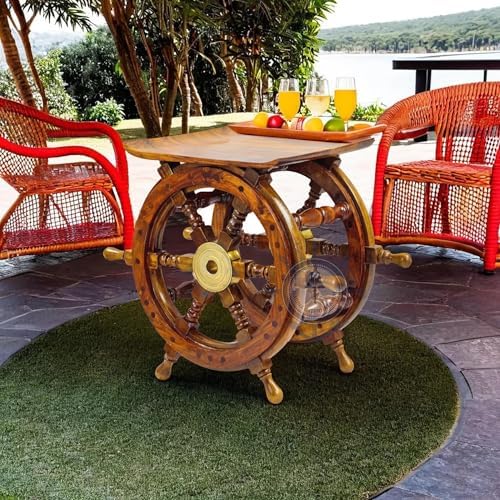 Nagina International Wooden Hand Crafted Ship Wheel Table Home Decor  24 Inches 