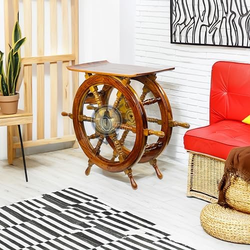 Nagina International Wooden Hand Crafted Ship Wheel Table Home Decor  24 Inches 