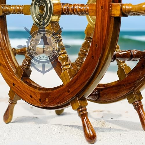 Nagina International Wooden Hand Crafted Ship Wheel Table Home Decor  24 Inches 