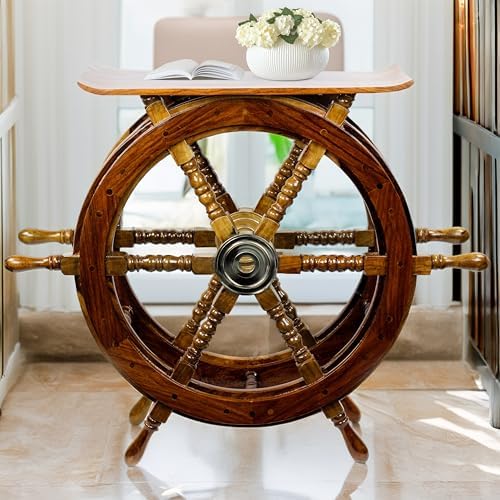 Nagina International Wooden Hand Crafted Ship Wheel Table Home Decor  24 Inches 