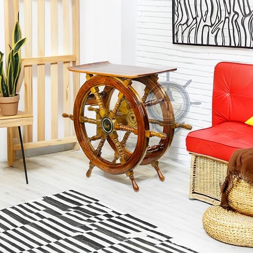 Nagina International Wooden Hand Crafted Ship Wheel Table Home Decor  24 Inches 