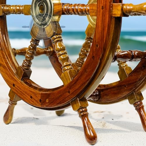 Nagina International Wooden Hand Crafted Ship Wheel Table Home Decor  24 Inches 