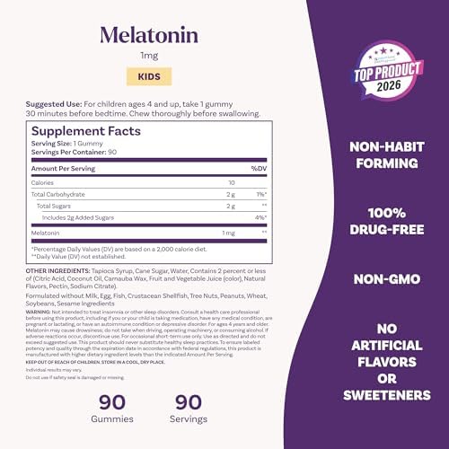 Natrol Kids Melatonin 1mg  for Restful Sleep  90 Raspberry Flavored Gummies