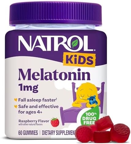Natrol Gomitas de melatonina para niños de 1 mg, melatonina infantil para un sueño reparador, 60 gomitas para dormir con sabor a frambuesa, suministro para 60 días
