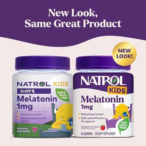 Natrol Gomitas de melatonina para niños de 1 mg, melatonina infantil para un sueño reparador, 60 gomitas para dormir con sabor a frambuesa, suministro para 60 días