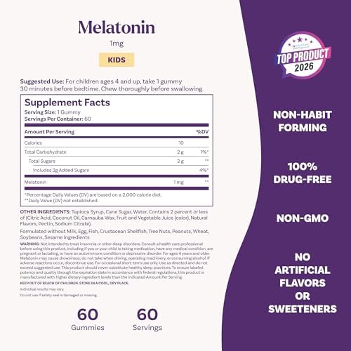 Natrol Gomitas de melatonina para niños de 1 mg, melatonina infantil para un sueño reparador, 60 gomitas para dormir con sabor a frambuesa, suministro para 60 días