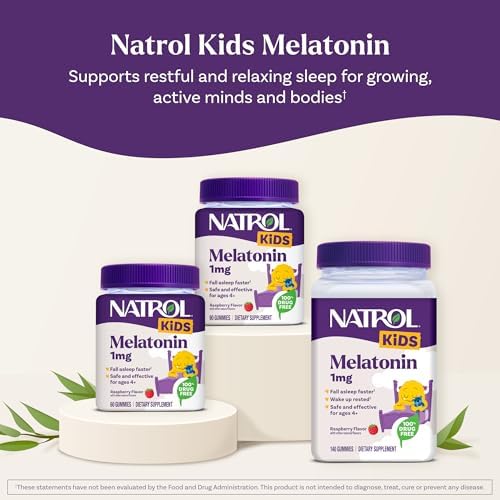 Natrol Gomitas de melatonina para niños de 1 mg, melatonina infantil para un sueño reparador, 60 gomitas para dormir con sabor a frambuesa, suministro para 60 días