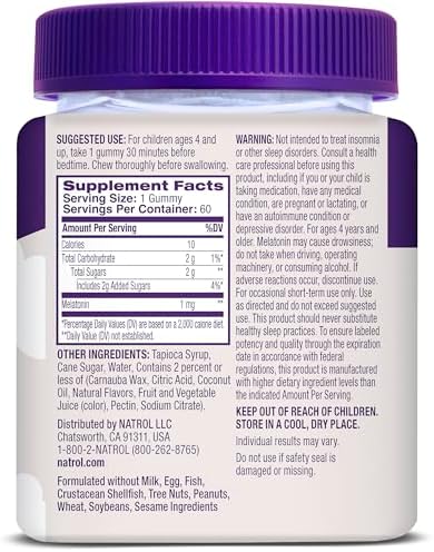 Natrol Gomitas de melatonina para niños de 1 mg, melatonina infantil para un sueño reparador, 60 gomitas para dormir con sabor a frambuesa, suministro para 60 días