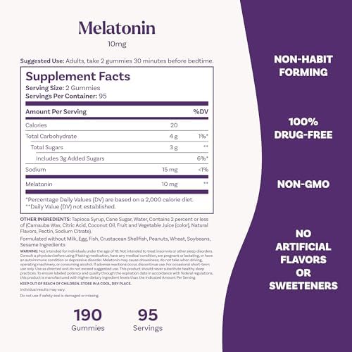 Natrol Melatonin Gummies  Sleep Support  190 Strawberry Flavored Adult Melatonin Gummies  10 mg Sleep Aids for Adults