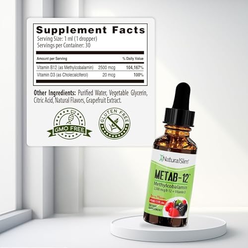 NaturalSlim Liquid B12 Vitamins with Vitamin D   Metab 12 Methylcobalamin 2500 mcg B12 Sublingual Drops for Metabolism  Energy  & Immune Support   Berry Flavor 1 fl oz