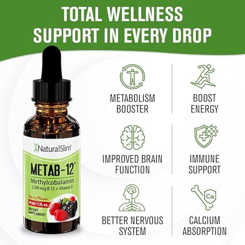 NaturalSlim Liquid B12 Vitamins with Vitamin D   Metab 12 Methylcobalamin 2500 mcg B12 Sublingual Drops for Metabolism  Energy  & Immune Support   Berry Flavor 1 fl oz
