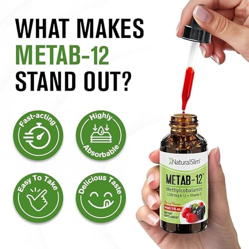 NaturalSlim Liquid B12 Vitamins with Vitamin D   Metab 12 Methylcobalamin 2500 mcg B12 Sublingual Drops for Metabolism  Energy  & Immune Support   Berry Flavor 1 fl oz