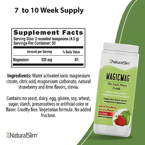 NaturalSlim Magicmag Pure Magnesium Citrate Powder   Stress  Constipation  Muscle  and Heart Support   Natural Strawberry & Lime Flavored Magnesium Supplement   8oz Drink Mix  2 Pack