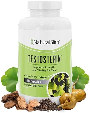 NaturalSlim Natural Testosterone Booster for Men   Male Enhancing Supplement with Ginkgo Biloba  L Arginine  Zinc  Vitamin B3  & Testofen for Energy  Muscle Builder & Metabolism   180 Capsules