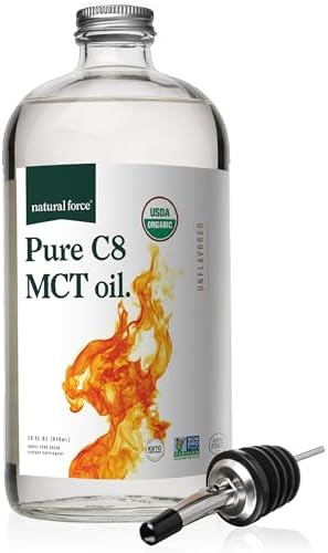 Natural Force Organic Pure C8 MCT Oil   Liquid MCT Oil in Glass Bottle Container   Concentrated Caprylic Acid   Keto  Paleo  Kosher  Vegan & Non GMO   Lab Tested for Quality and Purity  32 Ounce