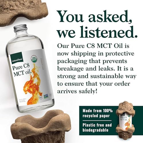 Natural Force Organic Pure C8 MCT Oil   Liquid MCT Oil in Glass Bottle Container   Concentrated Caprylic Acid   Keto  Paleo  Kosher  Vegan & Non GMO   Lab Tested for Quality and Purity  32 Ounce