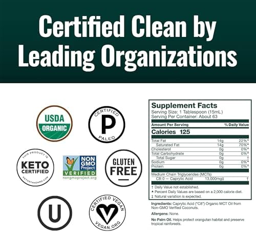 Natural Force Organic Pure C8 MCT Oil   Liquid MCT Oil in Glass Bottle Container   Concentrated Caprylic Acid   Keto  Paleo  Kosher  Vegan & Non GMO   Lab Tested for Quality and Purity  32 Ounce