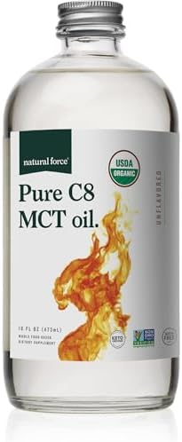Natural Force Organic Pure C8 MCT Oil   Liquid MCT Oil in Glass Bottle Container   Concentrated Caprylic Acid   Keto  Paleo  Kosher  Vegan & Non GMO   Lab Tested for Quality and Purity  32 Ounce