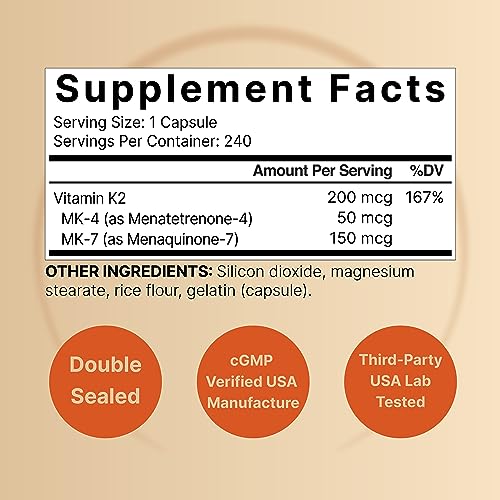 NatureBell Full Spectrum Vitamin K2 Supplement with MK 7 & MK 4  200 mcg  240 Capsules   2 in 1 Formula  K Vitamins Complex   Supports Bone  Joint  and Heart Health   Non GMO