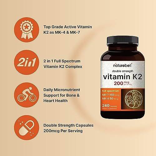 NatureBell Full Spectrum Vitamin K2 Supplement with MK 7 & MK 4  200 mcg  240 Capsules   2 in 1 Formula  K Vitamins Complex   Supports Bone  Joint  and Heart Health   Non GMO