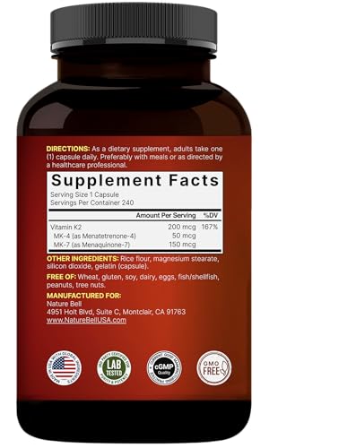 NatureBell Full Spectrum Vitamin K2 Supplement with MK 7 & MK 4  200 mcg  240 Capsules   2 in 1 Formula  K Vitamins Complex   Supports Bone  Joint  and Heart Health   Non GMO