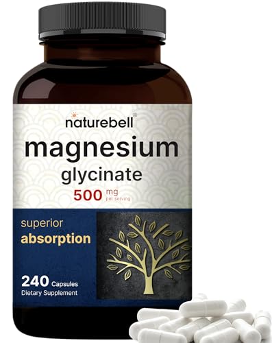 NatureBell Magnesium Glycinate 500mg  240 Capsules   100  Chelated & Purified   Sleep  Muscle & Heart Support   3rd Party Tested  Non GMO  Gluten Free