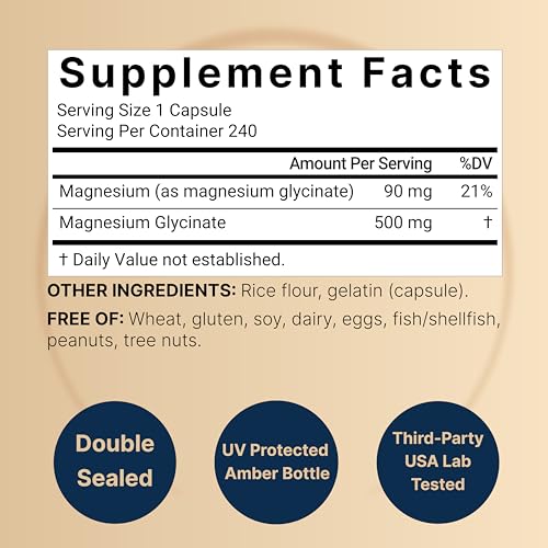 NatureBell Magnesium Glycinate 500mg  240 Capsules   100  Chelated & Purified   Sleep  Muscle & Heart Support   3rd Party Tested  Non GMO  Gluten Free