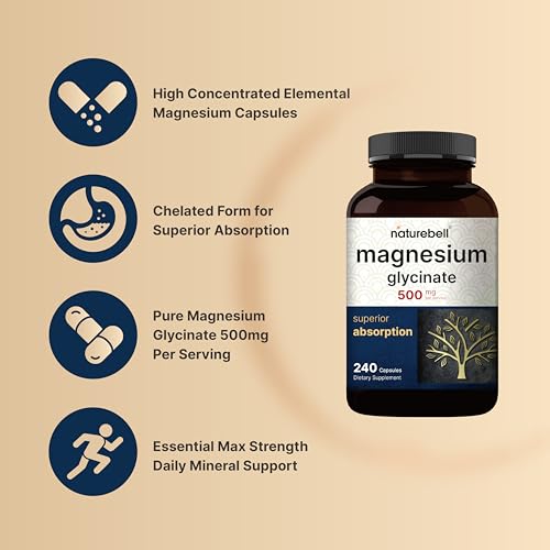 NatureBell Magnesium Glycinate 500mg  240 Capsules   100  Chelated & Purified   Sleep  Muscle & Heart Support   3rd Party Tested  Non GMO  Gluten Free