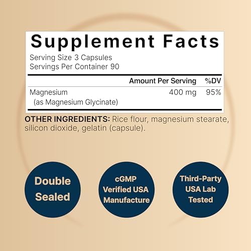 NatureBell Magnesium Glycinate 400mg  Elemental   270 Capsules   100  Chelated for Max Absorption   Non GMO & No Gluten  Bioavailable Mineral Supplement for Muscle  Joint  Enzyme  & Heart Health