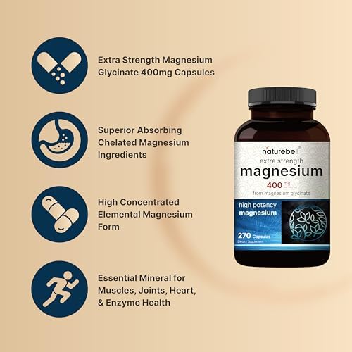 NatureBell Magnesium Glycinate 400mg  Elemental   270 Capsules   100  Chelated for Max Absorption   Non GMO & No Gluten  Bioavailable Mineral Supplement for Muscle  Joint  Enzyme  & Heart Health