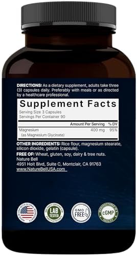 NatureBell Magnesium Glycinate 400mg  Elemental   270 Capsules   100  Chelated for Max Absorption   Non GMO & No Gluten  Bioavailable Mineral Supplement for Muscle  Joint  Enzyme  & Heart Health