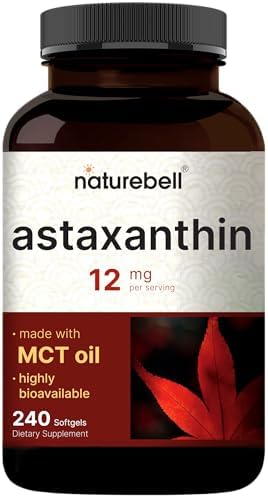 NatureBell Maximum Strength Astaxanthin 12mg  240 Softgels   4 Month Supply   Natural Antioxidant from Haematococcus Pluvialis Microalgae   Non GMO  Gluten Free
