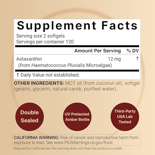 NatureBell Maximum Strength Astaxanthin 12mg  240 Softgels   4 Month Supply   Natural Antioxidant from Haematococcus Pluvialis Microalgae   Non GMO  Gluten Free